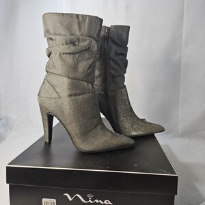 NINA "Darla" Charcoal Grey Sparkle Metallic Boots Pointed Toe Sz 8 M Ruched NEW